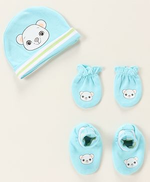Babyhug 100% Cotton Cap Mittens & Booties Bear Print- Blue Cap Diameter- 10 Cm, Mittens Dim- 9.5 Cm, Booties Dim- 10.5 Cm, No of Pcs- 5, Size- 0-3M