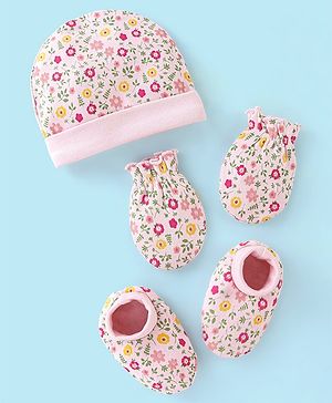 Babyhug 100% Cotton Cap Mittens And Booties Floral Print - Pink