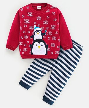 Babyhug Knit Full Sleeves Sweater Set Penguin Design - Red & Navy Blue