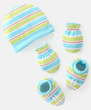 Babyhug 100% Cotton Cap Mittens & Booties Striped Blue & Green- Diameter 10.5 cm