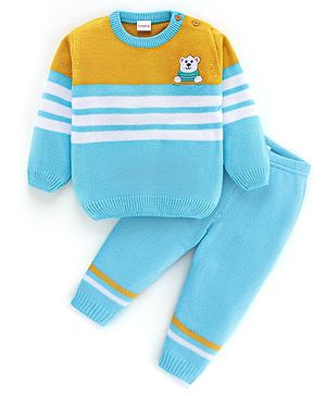 Babyhug Knit Full Sleeves Sweater Set Striped Design - Aqua Blue