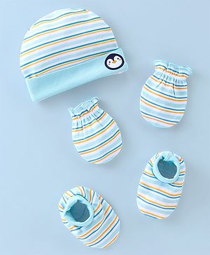 Babyhug 100% Cotton Cap Mittens & Booties Penguin Print Blue - Diameter 11.5cm