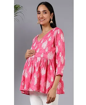 Zelena Rayon Three Fourth Sleeves All Over Motif Frill Detailed Maternity Top With Concealed Zipper Nursing Access - Pink