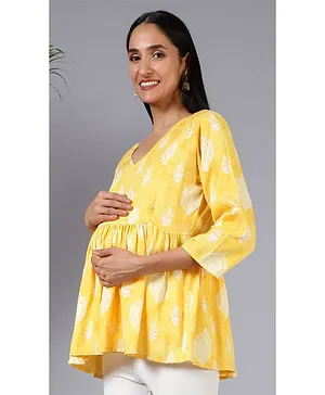 Zelena Rayon Three Fourth Sleeves All Over Motif Frill Detailed Maternity Top With Concealed Zipper Nursing Access - Yellow