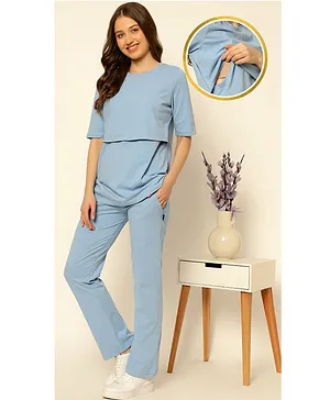 Zelena Half Sleeves Solid Top & pant Maternity Wear - Blue