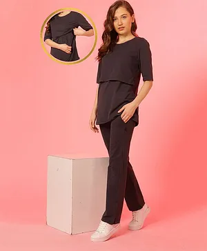 Zelena Half Sleeves Solid Top & pant Maternity Wear - Dark Grey