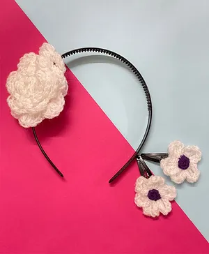 Little Peas Crochet Flower Hair Band With Pair Of Flower Embellished Hair Clips - White