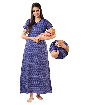 Piu Half Sleeves Seamless Floral Swirl Printed Maternity Night Dress With With Concealed Zipper Nursing Access - Blue