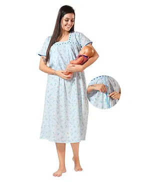 Piu Half Sleeves All Over Dog & Paw Printed Maternity Night Dress With Concealed Zipper Nursing Access - Blue
