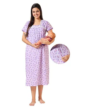 Piu Half Sleeves Railroad Striped & Watermelon Printed Maternity Night Dress With Concealed Zipper Nursing Access - Purple