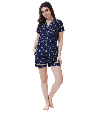 Piu Half Sleeves Quirky Print Night Suit - Navy Blue