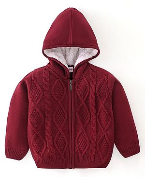 Babyhug Full Sleeves Hooded Sweater with Cable Knit Design - Maroon