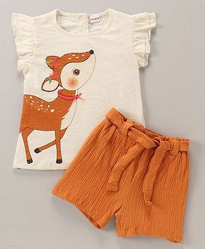 Babyhug 100% Cotton Sleeveless Top & Short Set Deer Print- Marshmallow & Peasant