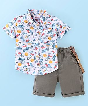 Babyhug 100% Cotton Woven Half Sleeves Shirt and Shorts Set with Suspender Fruits Print - White & Grey