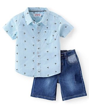Babyhug Cotton Half Sleeves Palm Tree Printed Shirt with Denim Shorts -Blue