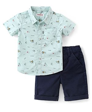 Babyhug 100% Cotton Half Sleeves Shirt With Shorts Beach Print- Blue