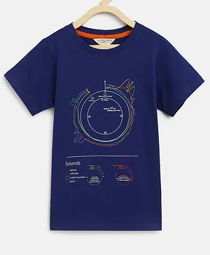 Tales & Stories 100% Cotton Half Sleeves Graph Abstract Embroidered & Printed Tee - Navy Blue