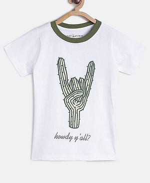 Tales & Stories Half Sleeves Cactus Fist Printed Ringer Tee - Wihte