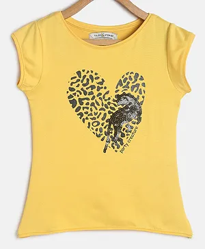Tales & Stories Short Sleeves Sequin Embellished & Leopard Printed Tee - Yellow