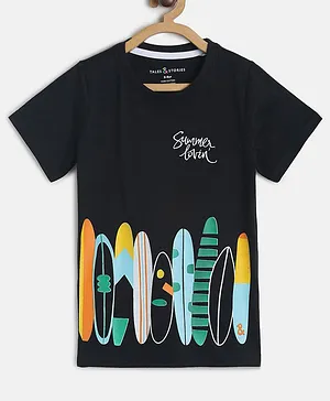 Tales & Stories Summer Vacation Theme Half Sleeves Summer Lovin Surf Board Printed Tee - Black