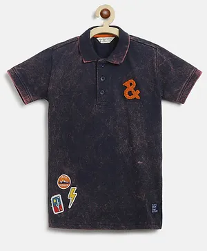 Tales & Stories Half Sleeves Tie & Dye Terry Work Embellished & Patch Detailed Polo Tee - Navy Blue
