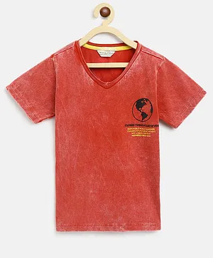 Tales & Stories 100% Cotton Half Sleeves Globe & Continents Printed Tee - Rust Red