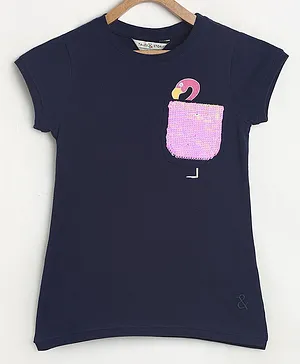Tales & Stories Cap Sleeves Flamingo Pocket Embroidered Sequinned Detail Tee - Navy Blue