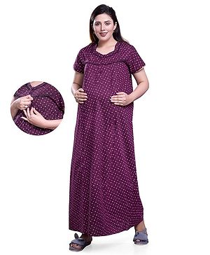 Mamma'S Maternity Half Sleeves Alpine Abstract Printed Maternity & Feeding Night Dress - Dark Pink