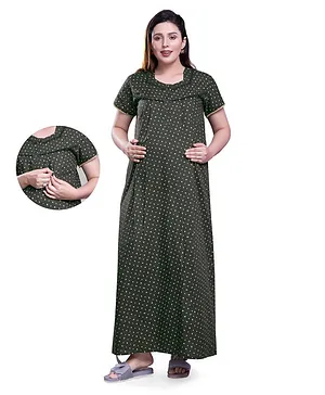 Mamma'S Maternity Half Sleeves Alpine Abstract Printed Maternity & Feeding Night Dress - Green