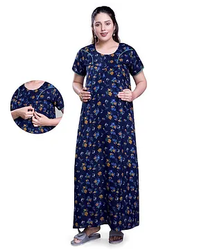 Mamma's Maternity Half Sleeves Floral Garden Theme Printed Maternity & Feeding Night Dress  - Navy Blue