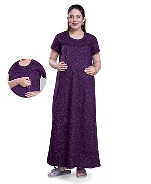 Mamma'S Maternity Half Sleeves All Over Polka Dot Printed Maternity Night Dress With With Concealed Zipper Nursing Access - Purple