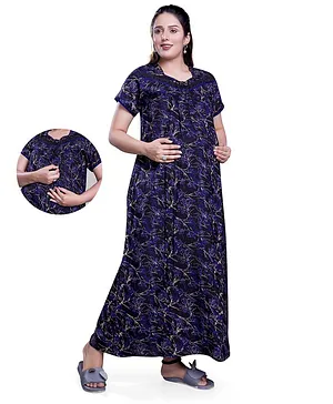 Mamma's Maternity Half Sleeves Abstract Printed Maternity Night Wear - Dark Blue