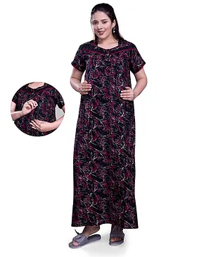 Mamma's Maternity Half Sleeves Abstract Printed Maternity Night Wear - Dark Pink