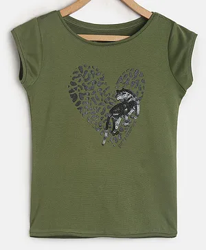 Tales & Stories Cap Sleeeves Sequins Embellished Heart & Animal Design Tee - Olive Green