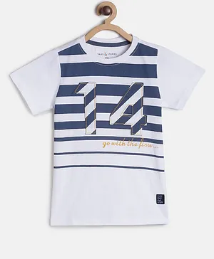 Tales & Stories Half Sleeves Abstract Awning Striped & Number Appliqued Tee - White