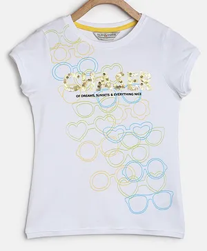 Tales & Stories Cap Sleeves Sunglasses Printed & Text Sequins Embellished Lycra Tee - White