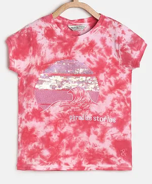 Tales & Stories Cap Sleeves Sequins Embellished & Text Embroidered Tie Dye Tee - Red
