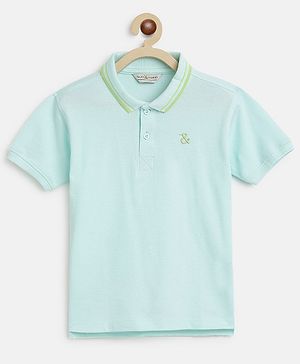Tales & Stories 100 % Cotton Half Sleeves Solid Polo Tee - Aqua Blue