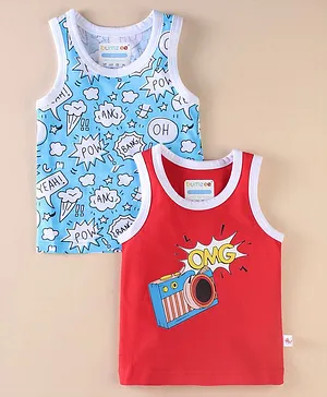 BUMZEE Pack Of 2 Sleeveless Doodle Art Text & Camera Printed Tee - Blue & Red