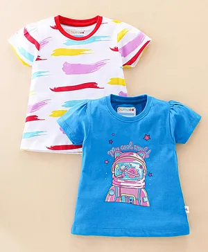 BUMZEE Pack Of 2 Short Sleeves Abstract & My Cool World Printed Tees - White Blue