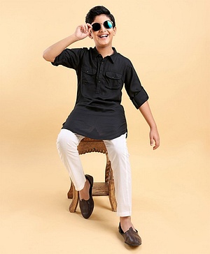 Pine Kids Full Sleeves Pathani Kurta & Pyjama Set Solid Colour - Black & White