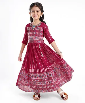 Enfance Three Fourth Sleeves Abstract Ethnic Motif Printed Flared Gathered Tassel Detail Dress - Rani