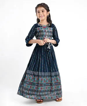 Enfance Three Fourth Sleeves Abstract Ethnic Motif Printed Flared Gathered Tassel Detail Dress - Peacock Blue
