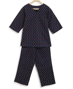Charkhee Full Sleeves Floral Block Motif Printed Kurta Pajama Set - Navy Blue
