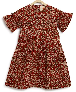 Charkhee Flared Sleeves Floral Motif Printed Dress - Red