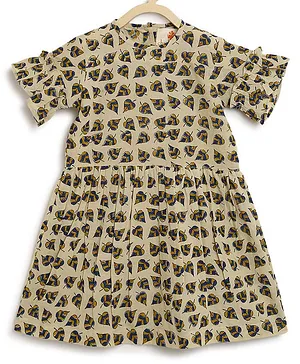 Charkhee Flared Sleeves Leaves Motif Printed Dress - Cream