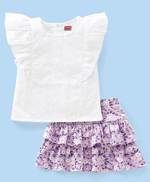 Babyhug 100% Cotton Frill Sleeves Schiffli Top & Skirt with Bow Applique Floral Print - White & Lilac