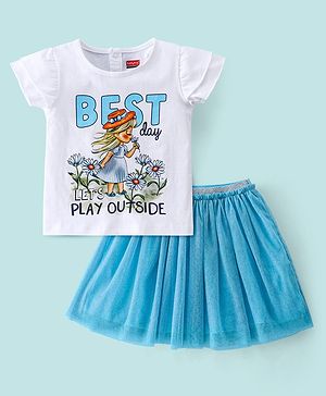 Babyhug 100% Cotton Half Sleeves Top and Skirt Text Printed - White & Blue
