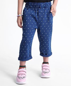 Babyhug Capri Length Cotton Pant With Stretch & Polka Dots Print - Navy Blue