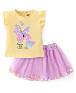 Babyhug 100% Cotton Half Sleeves Top and Skirt Butterfly Printed - Yellow & Lilac
